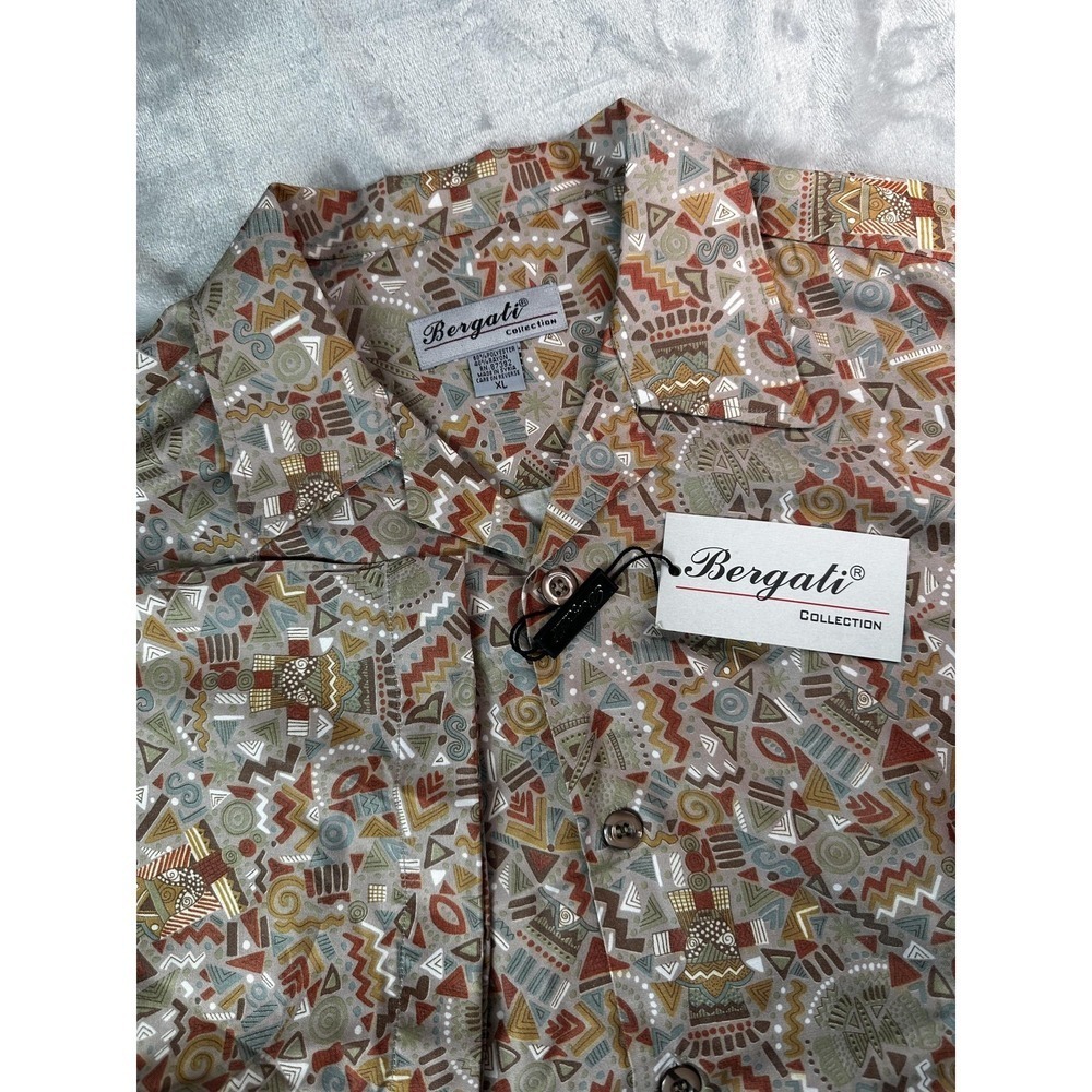 Bergati Collection Shirt Mens‎ XL Brown Multicolor Geometric Button Front Casual